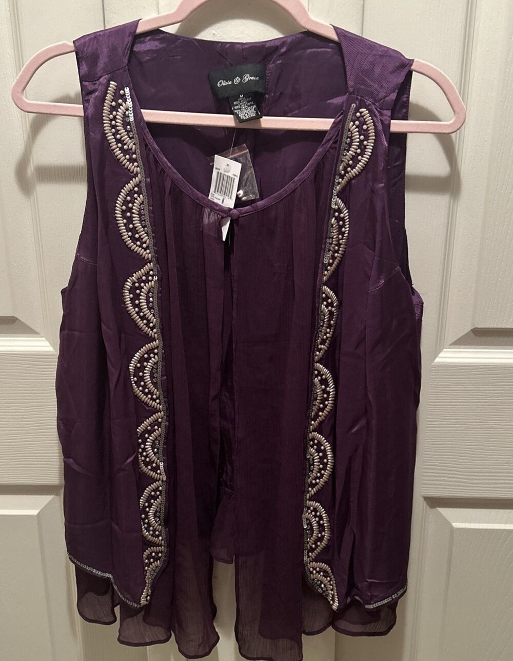 Medium Olivia & Grace blouse with attached beaded satin vest NWT $88